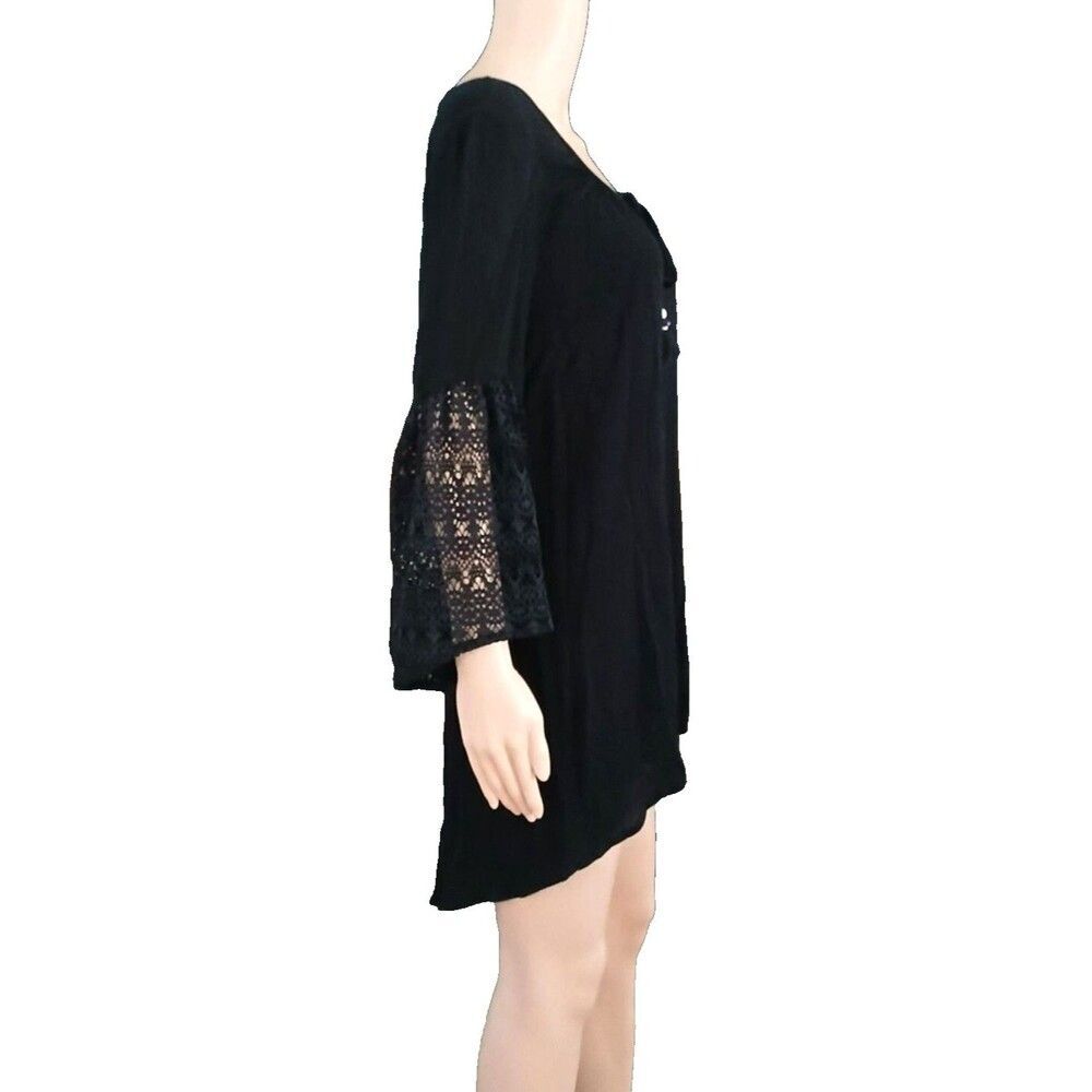 Women's Black Top Beachy Boho Gothic Flared Sleeves Beaded String Tunic Peasant